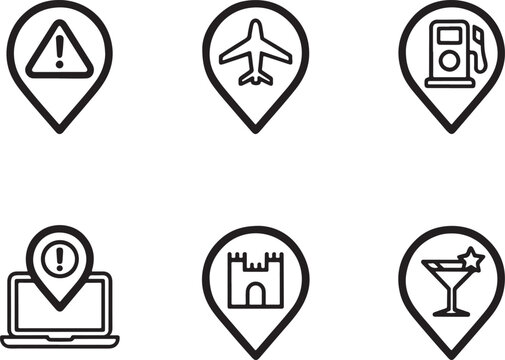 Vector Illustration of Map Pointer Icons Representing Various Points of Interest, Including Warning, Airport, Gas Station, Laptop, Castle, and Cocktail Bar Locations