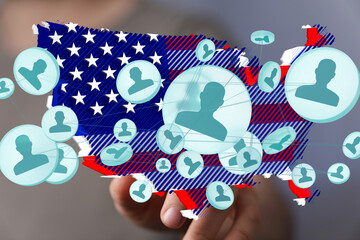 Poster - Digital network map of the USA, showing connections between people. Social media, networking, communication.