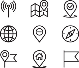 Poster - Collection of Location and Navigation Icons Depicting Global Communication, Direction Finding, and Setting Destinations with a Unified and Minimalist Design Aesthetic for Modern Interfaces