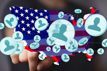 Poster - Illustrative image depicting a network of US citizens connected online, overlaid on a map of the United States.