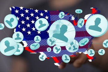 Poster - Illustrative image depicting a network of people across the United States. Ideal for social media, networking, and USA-related projects.