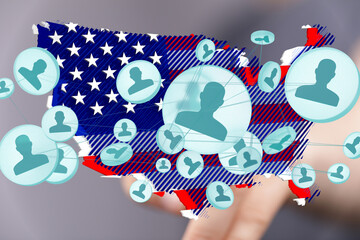Poster - Visual representation of social connections across the United States. Network map overlaid on US flag.