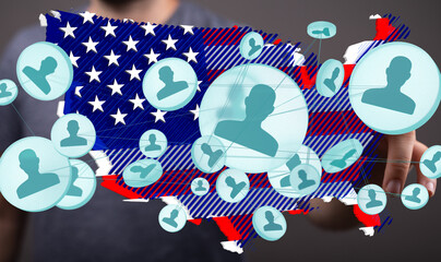 Poster - Visual representation of a social network across the United States. Ideal for illustrating connection, community, and nationwide reach.