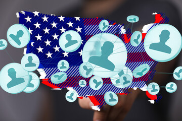 Poster - Visual representation of social connections within the United States.  Network map overlaid on a US map.
