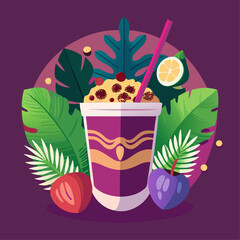 Poster - A drink in a cup with a straw and a bunch of fruit on the side. The drink is a smoothie and the fruit is a mix of apples and oranges