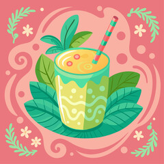 Poster - A colorful drink with a straw in it is on a table. The drink is yellow and has a green leaf on top. The table is pink and has a floral design