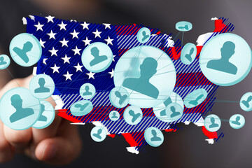 Poster - Illustrative image of a social network connecting US citizens, visualized over a map of the United States.