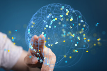 Poster - Abstract image of a hand interacting with a digital global network. Represents connection, technology, and data.