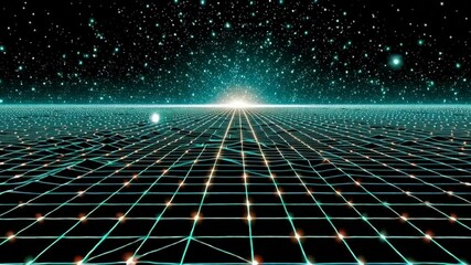 Poster - Digital Landscape With Glowing Grid and Star-Filled Sky Generative AI