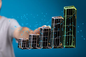Poster - Hand interacting with a 3D bar graph, symbolizing growth and progress.
