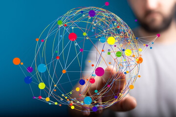 Poster - Abstract image of a global network. Colorful nodes and lines represent connections and data.
