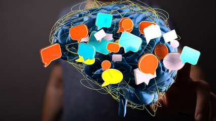 Leinwandbilder - Abstract image of a brain with colorful speech bubbles, representing communication, ideas, and networking.