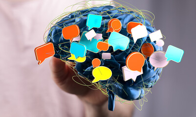Poster - Abstract image of a brain with colorful speech bubbles, representing communication, ideas, and networking.