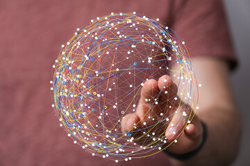 Poster - Hand interacting with a digital sphere, representing global network, connection, and data visualization.