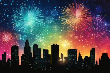 Poster - Vibrant fireworks light up the night sky over a city skyline during a festive celebration, Vibrant fireworks illuminating the night sky above a silhouetted cityscape beautifully