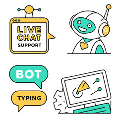 Poster - Illustration of a robot assistant providing live chat support with bot typing and a computer interface icon