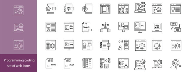 Web Development Line Editable Icons set. Vector illustration in modern thin line style of technology related icons: software, design, programming, and more. Isolated on transparent background.