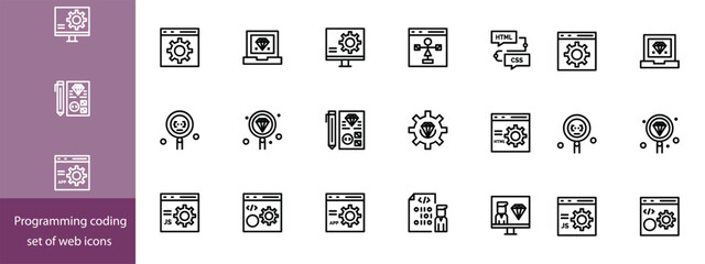 Web Development Line Editable Icons set. Vector illustration in modern thin line style of technology related icons: software, design, programming, and more. Isolated on transparent background.