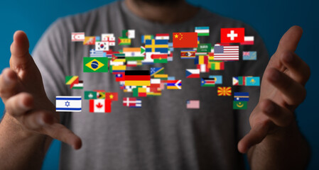 Poster - Image of a person with flags of various countries. Represents global community, international business, or world travel.