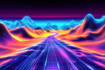 Poster - Futuristic landscape with glowing neon lines and vibrant colors under a twilight sky, Futuristic fantasy landscape with neon light lines Seamless 3D render