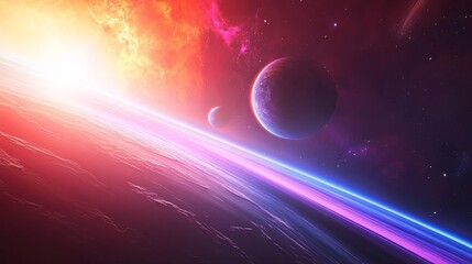 Wall Mural - a cosmic ballet of planets and moons in orbit around a giant star, bathed in colorful starlight. .