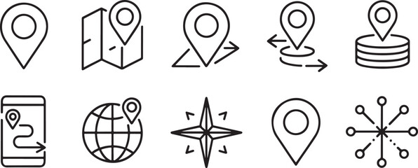 Poster - Diverse Set of Location and Navigation Icons Representing Mapping Global Positioning and Orientation for Mobile and Web Applications Including Maps and Directions