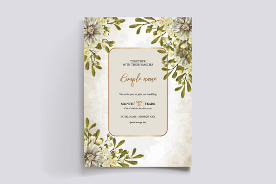WEDDING INVITATION FRAME WITH FLOWER DECORATIONS AND FRESH LEAVES