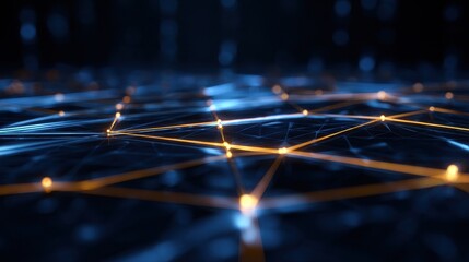 Fototapete - Abstract digital network with glowing nodes and interconnected lines against a dark background