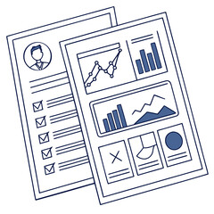 Poster - Two documents showing a person's profile and various charts and graphs with check boxes displayed