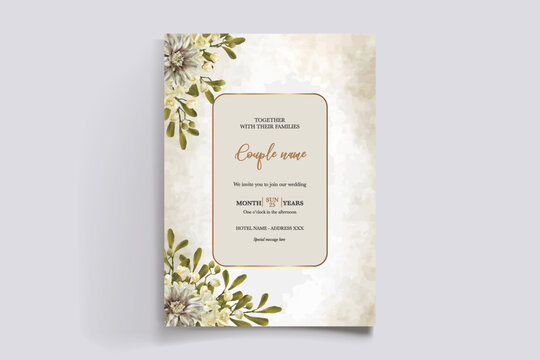 WEDDING INVITATION FRAME WITH FLOWER DECORATIONS AND FRESH LEAVES