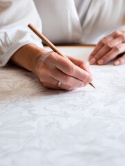 Poster - Artist's hands skillfully sketching floral patterns on a textured paper background