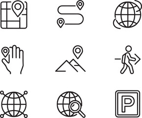 Poster - Navigational Icons Depicting Travel, Location, and Directions Exploring Diverse Scenarios Including Urban Maps, Mountain Trails, Global Connections and Basic Amenities Access
