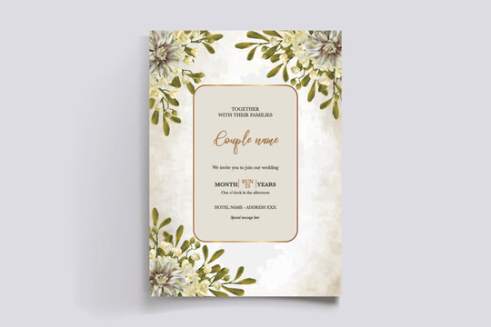 WEDDING INVITATION FRAME WITH FLOWER DECORATIONS AND FRESH LEAVES