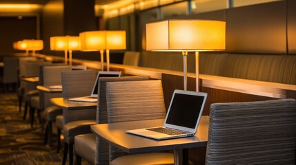 Poster - Modern workspace with illuminated lamps and laptops in a cozy, stylish lounge area