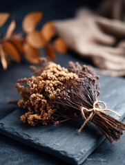 Poster - Dried flower bouquet arranged on a slate surface with warm-toned foliage in the background