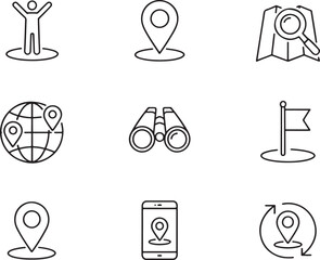 Poster - Navigational Icons Representing Travel Exploration and Adventure Depicting Maps, Binoculars, Flags, Location Markers, Globe, and Orientation for Traveling and Vacation Planning