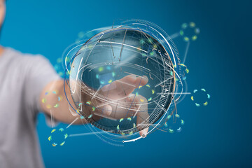 Poster - Hand interacting with a digital globe, showcasing global network, technology, and connection.