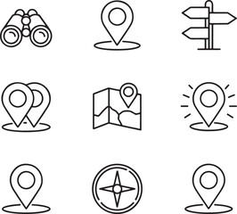 Poster - Navigational Iconography Visual Compendium Guiding Exploration Adventure and Discovery Represented by Binoculars, Map Pointers, Directional Signs, Compasses and Maps For Wayfinding in Black and White