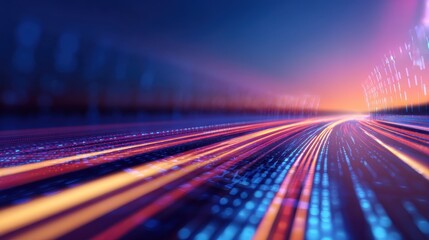 Fototapete - Abstract digital landscape showcasing vibrant light trails and data streams at sunset