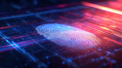 Fototapete - Futuristic digital fingerprint on a glowing circuit board with vibrant neon lights in background