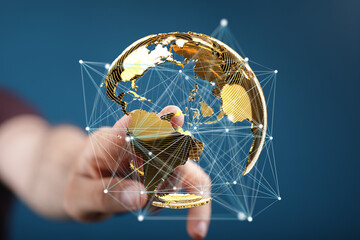 Poster - Hand interacts with a digital globe, showcasing global connectivity and networking.