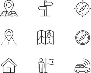 Poster - Navigation and Location Icons Featuring Maps, Compasses, Directional Signs, and Place Markers for Wayfinding and Geographic Awareness in a Modern Design