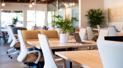 Poster - Modern office space with empty desks, plants, and bright natural light creating a productive atmosphere