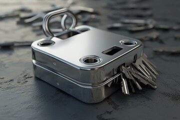 Aufkleber - Collection of metallic keys arranged next to a closed padlock on a textured surface, One padlock and group of keys 3D render