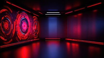 Poster - Futuristic interior with vibrant red and blue lights, showcasing abstract digital patterns on walls