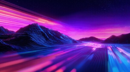 Poster - Vibrant neon landscape with flowing light trails over mountains under a starry night sky
