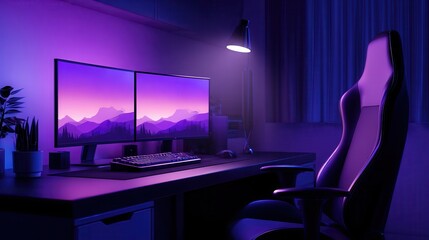 Poster - Modern workspace featuring dual monitors with vibrant mountain scenery and ambient lighting
