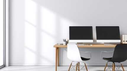 Poster - Modern office workspace featuring two computers on a wooden desk with natural light streaming in