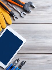 Poster - Tools and a tablet arranged on a wooden surface, ready for DIY projects or repairs