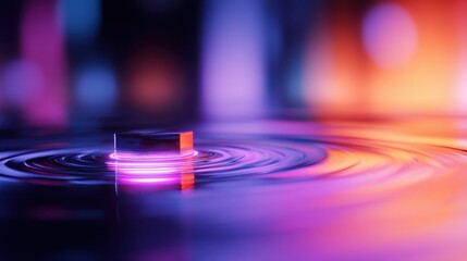 Poster - A glowing cube creates ripples in a colorful liquid, with vibrant lights reflecting in the background